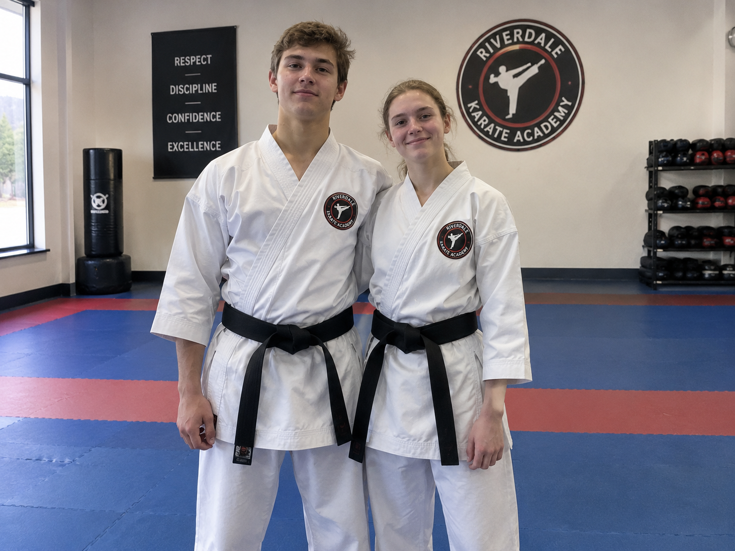 Two karate instructors wearing coordinated embroidered club uniforms