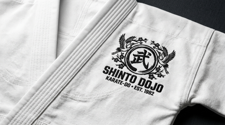 Close-up detail of high-density black thread embroidery featuring a custom dojo emblem and Japanese crest on a white cotton canvas karate gi jacket lapel.
