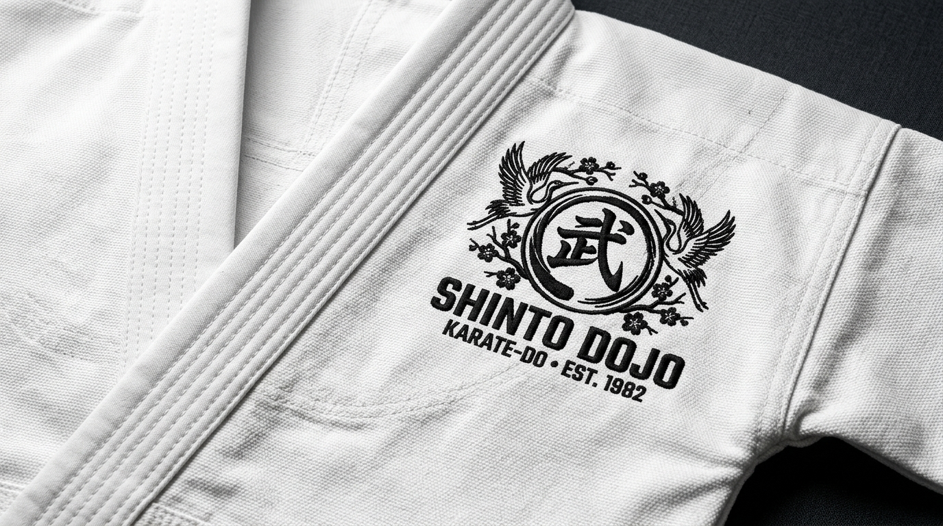 Close-up of custom black-thread dojo embroidery on a white karate gi