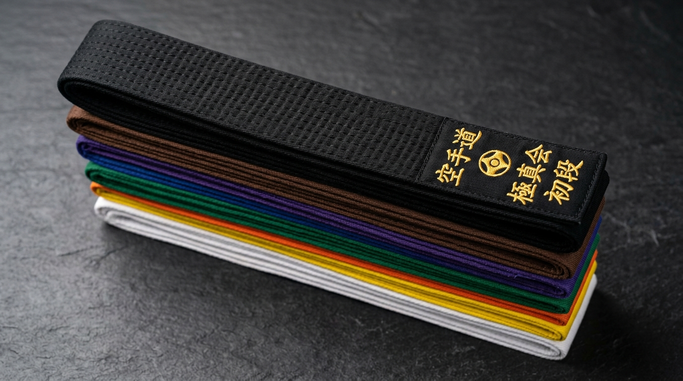 Stack of colored karate belts with gold embroidery on a black belt