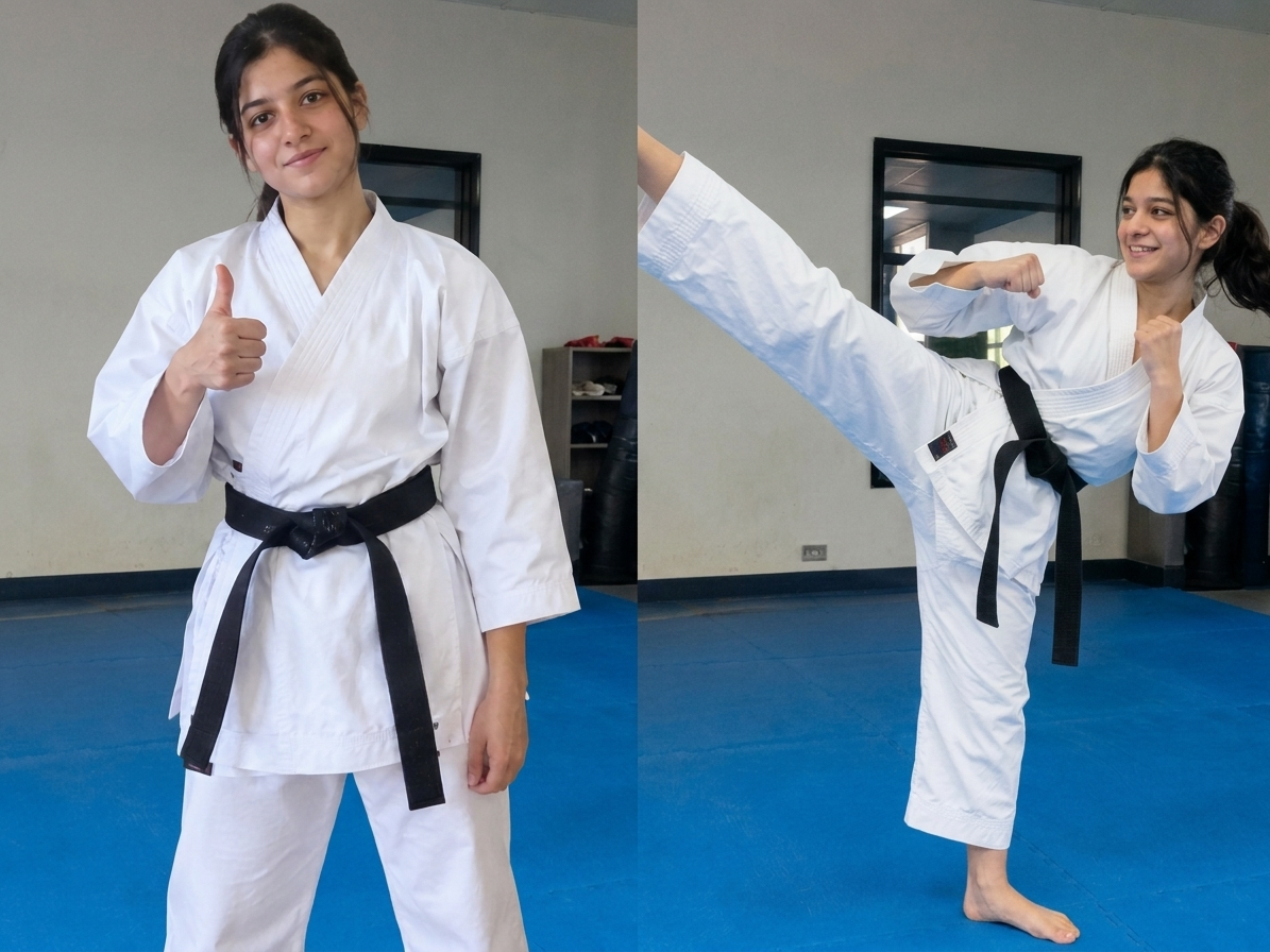 Karate practitioner demonstrating uniform fit and kicking mobility
